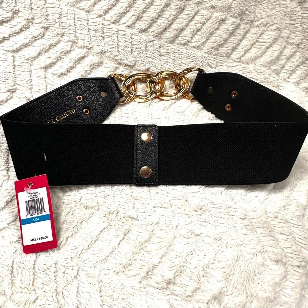 Vince Camuto Statement Belt Black Stretch Gold Chain,  Snaps in Back, S/M NWT